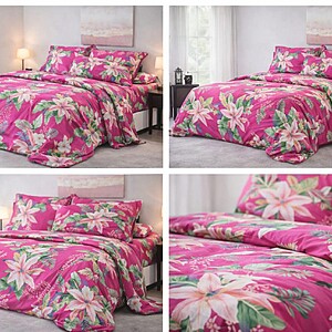 Lenjerie de pat 4 piese cu model floral roz -bumbac fin pentru pat dublu